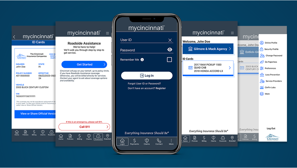 Five screenshots of the new designs of the MyCincinnati app.